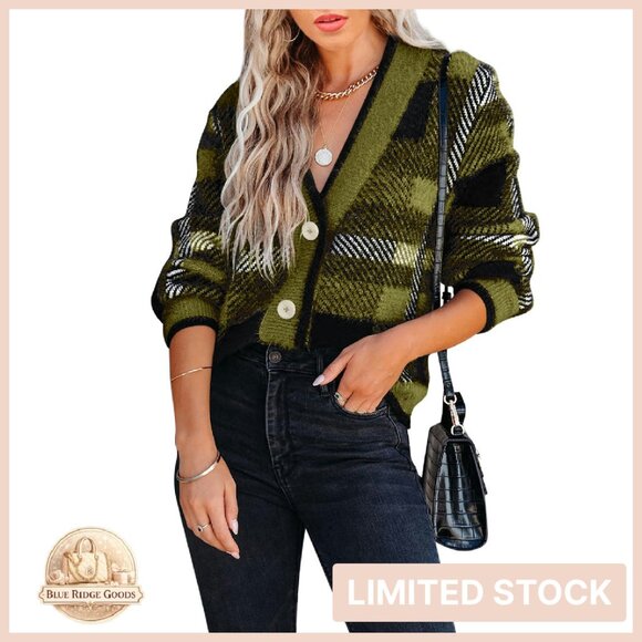 Sweaters - Plaid Fuzzy Knit V-Neck Cardigan Cozy Oversized Chic Fall Pullover